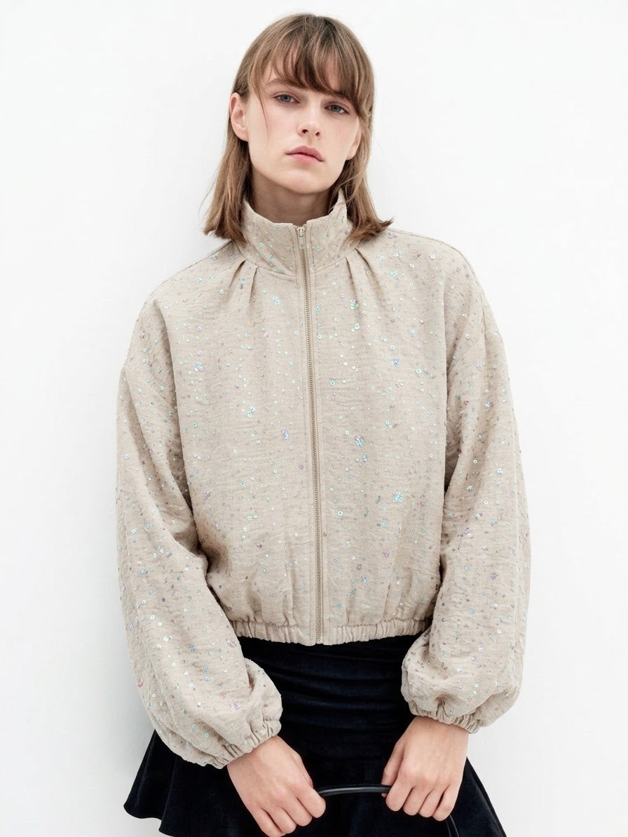 Sweater zipper beige sequins