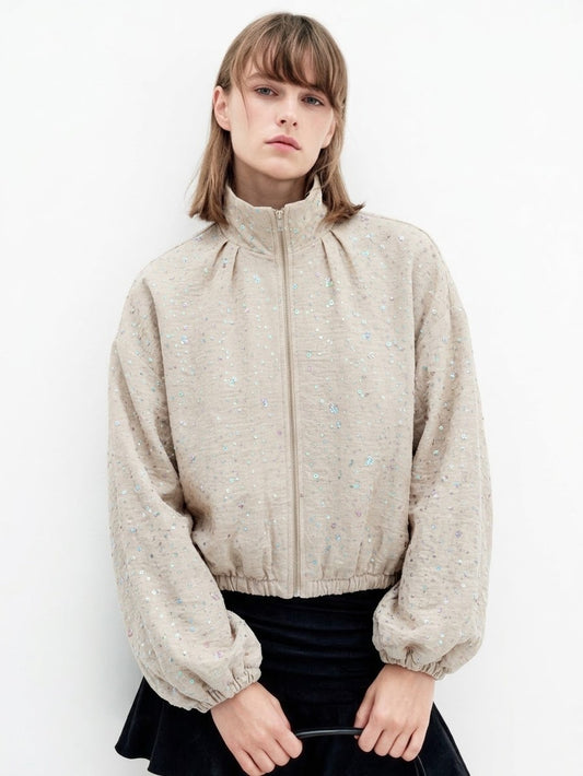 Sweater zipper beige sequins
