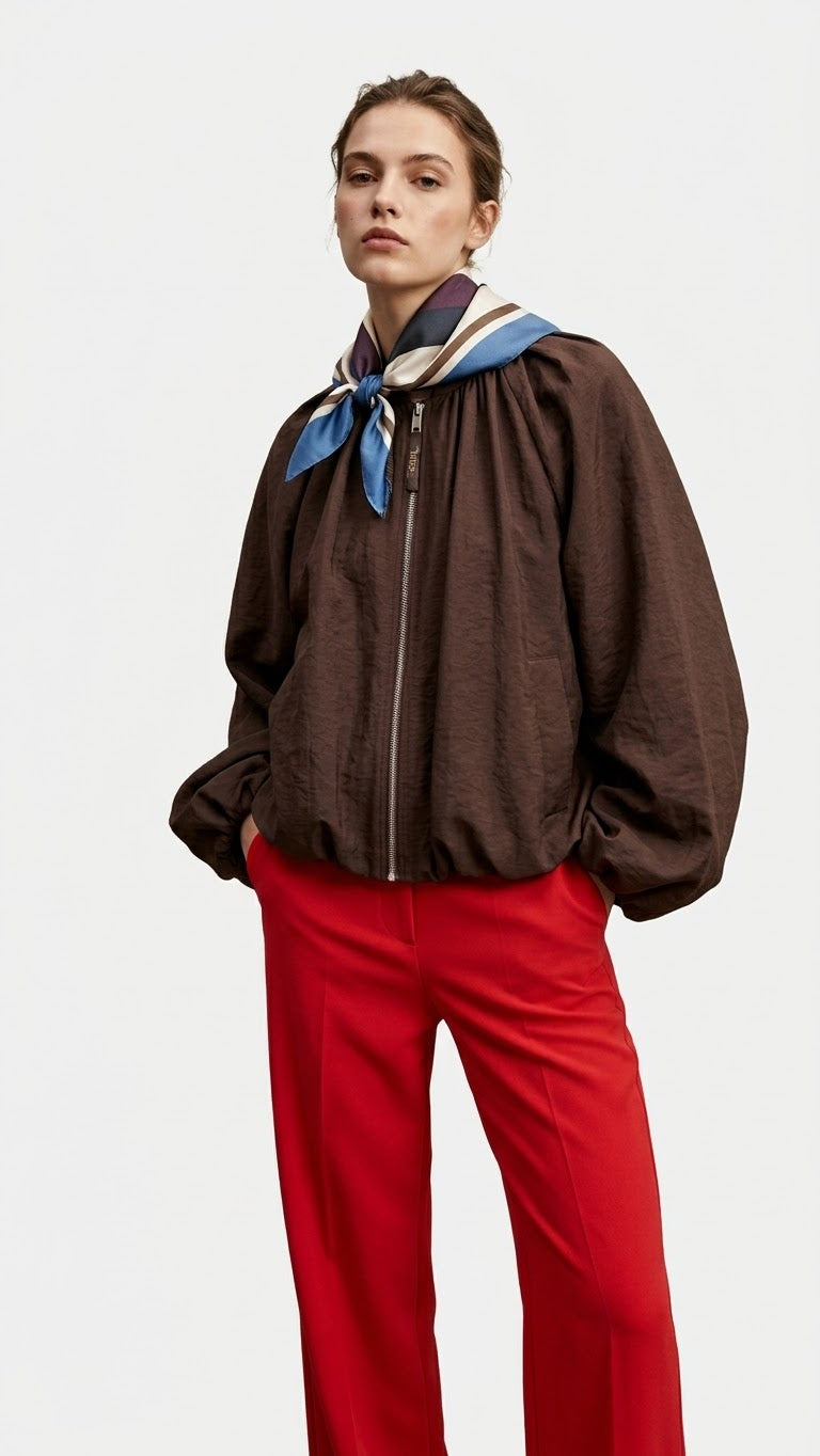 Jacket brown bomber + scarf stripe