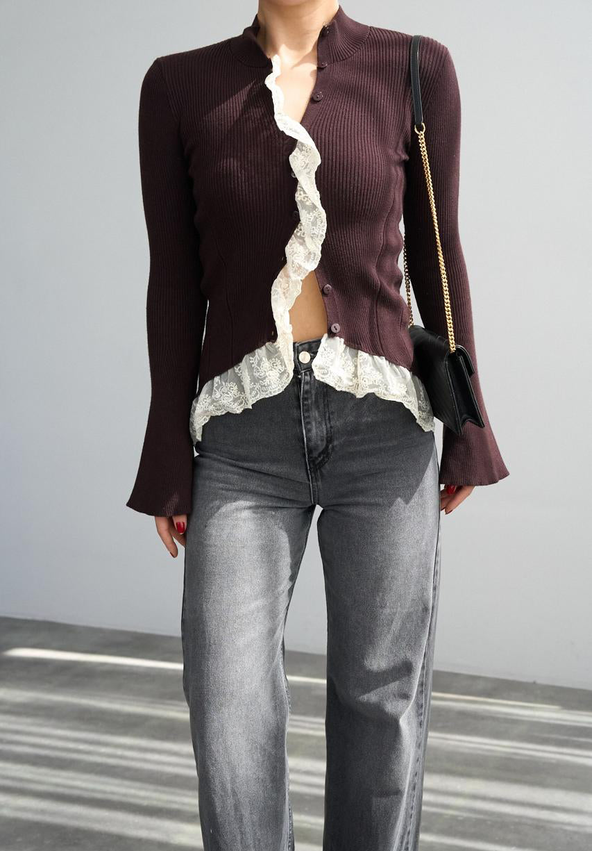 Pullover brown knit lace