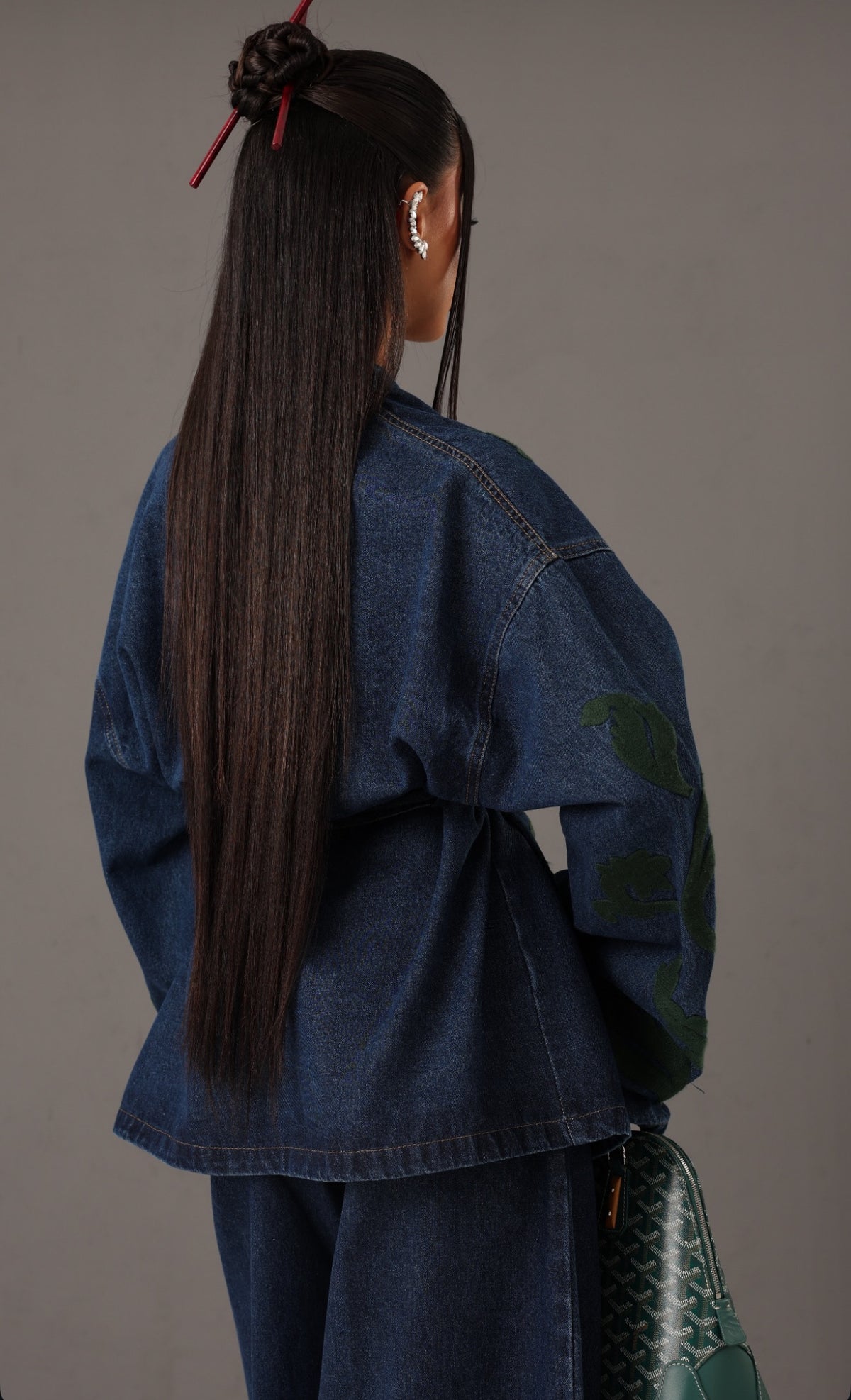 Set denim embroidery green