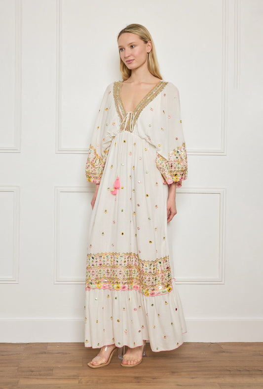 Dress off white embroidery multicolor