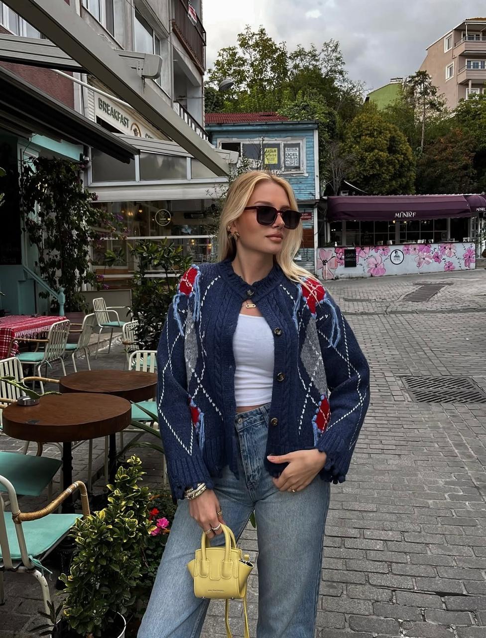 Cardigan navy argyle pattern