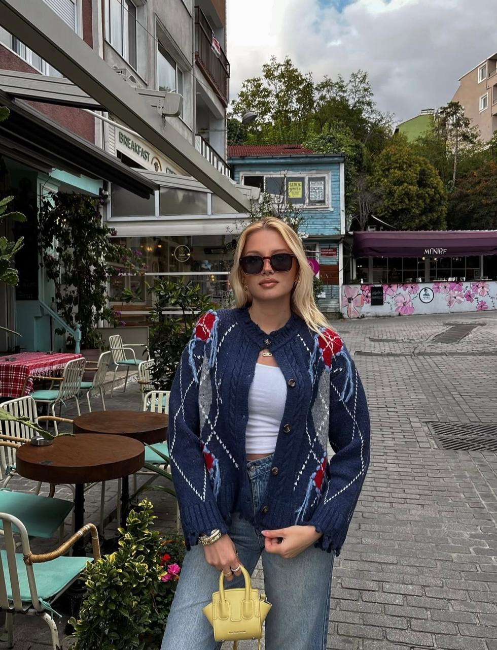 Cardigan navy argyle pattern