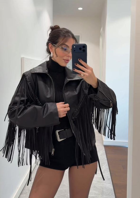 Jacket fringes leather black