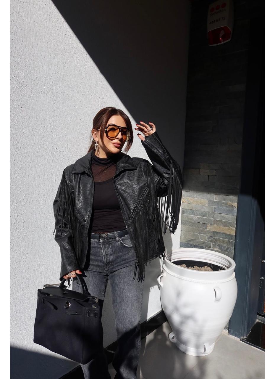Jacket fringes leather black