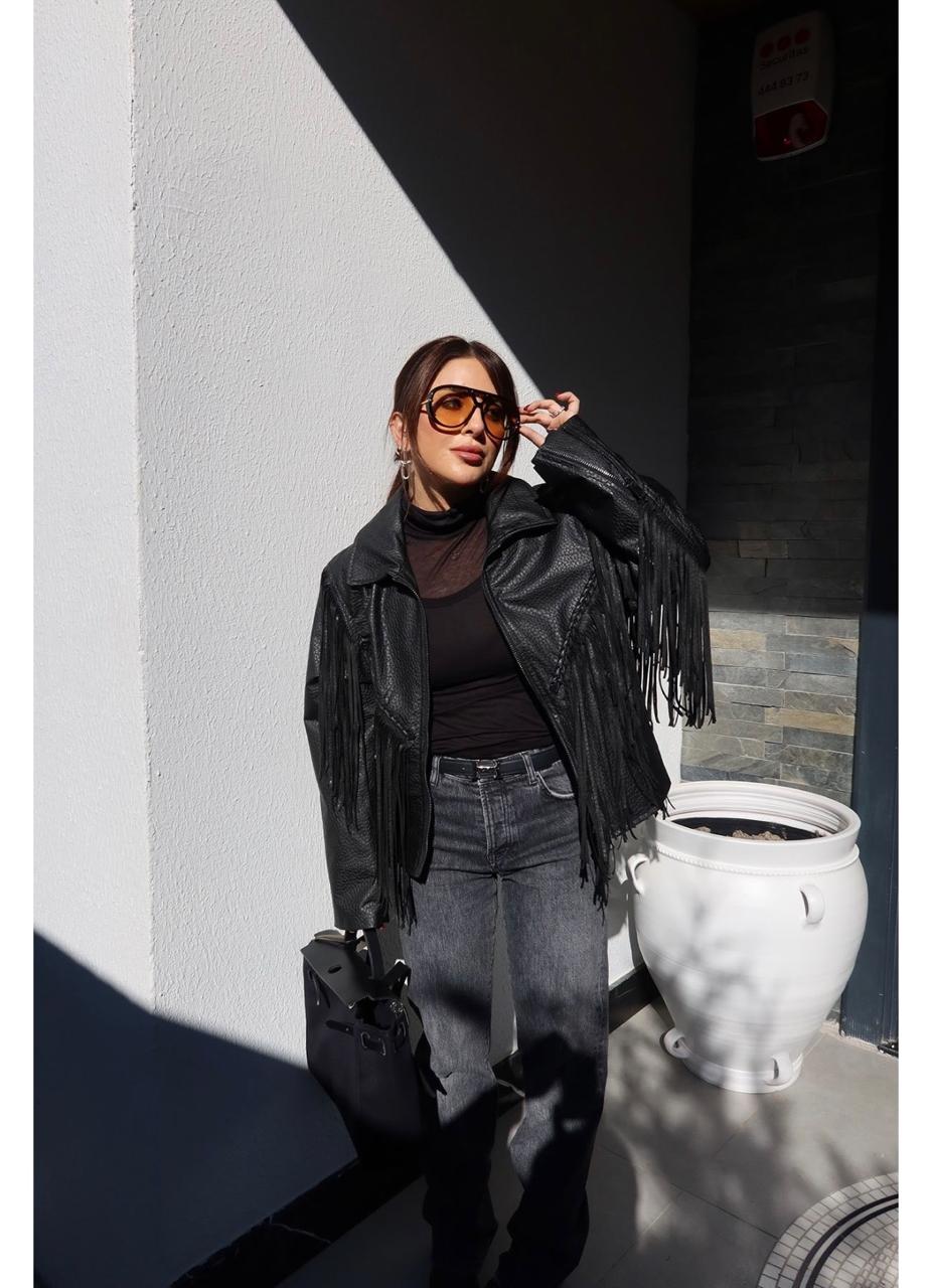 Jacket fringes leather black