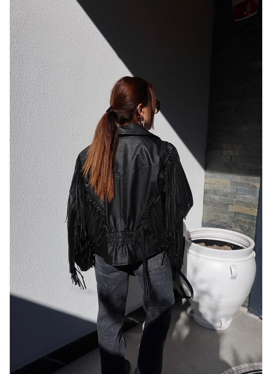 Jacket fringes leather black