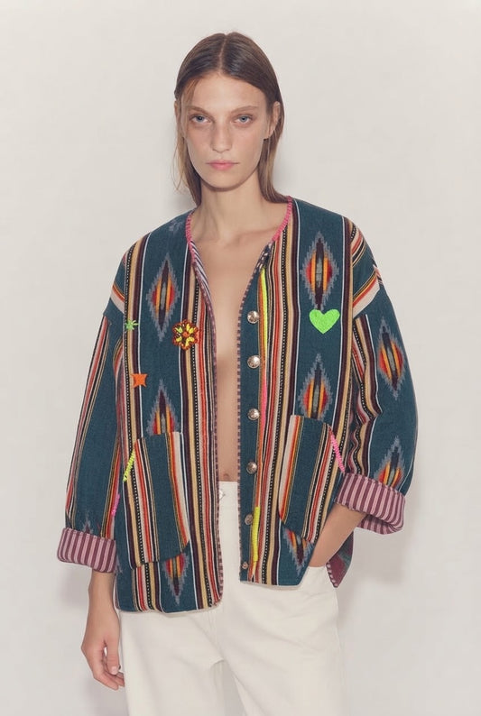 Jacket embroidery Stripe olive