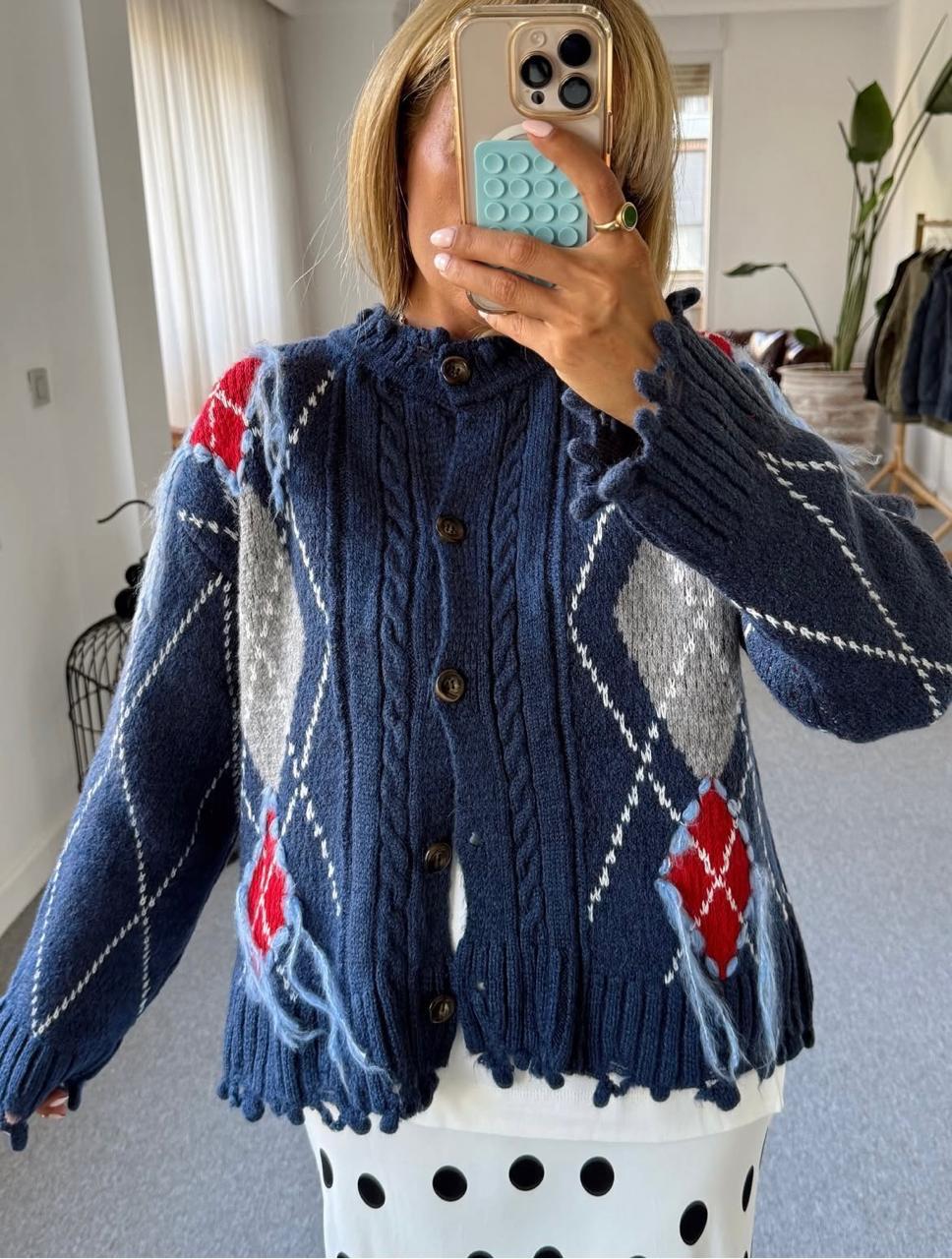 Cardigan navy argyle pattern