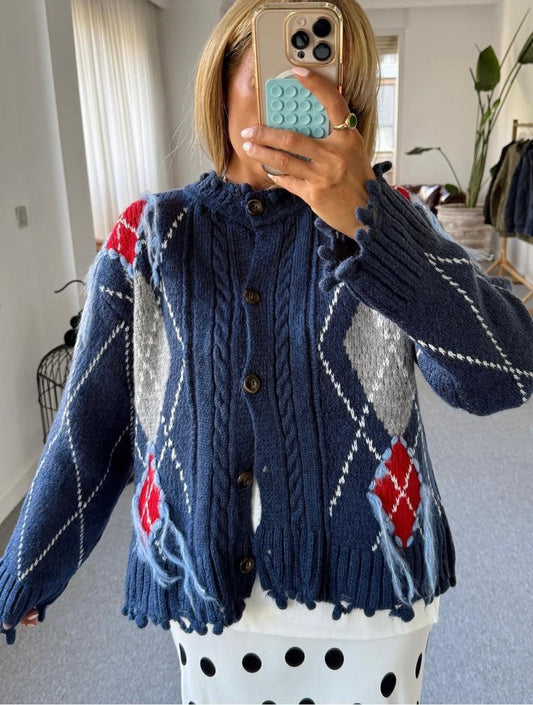 Cardigan navy argyle pattern