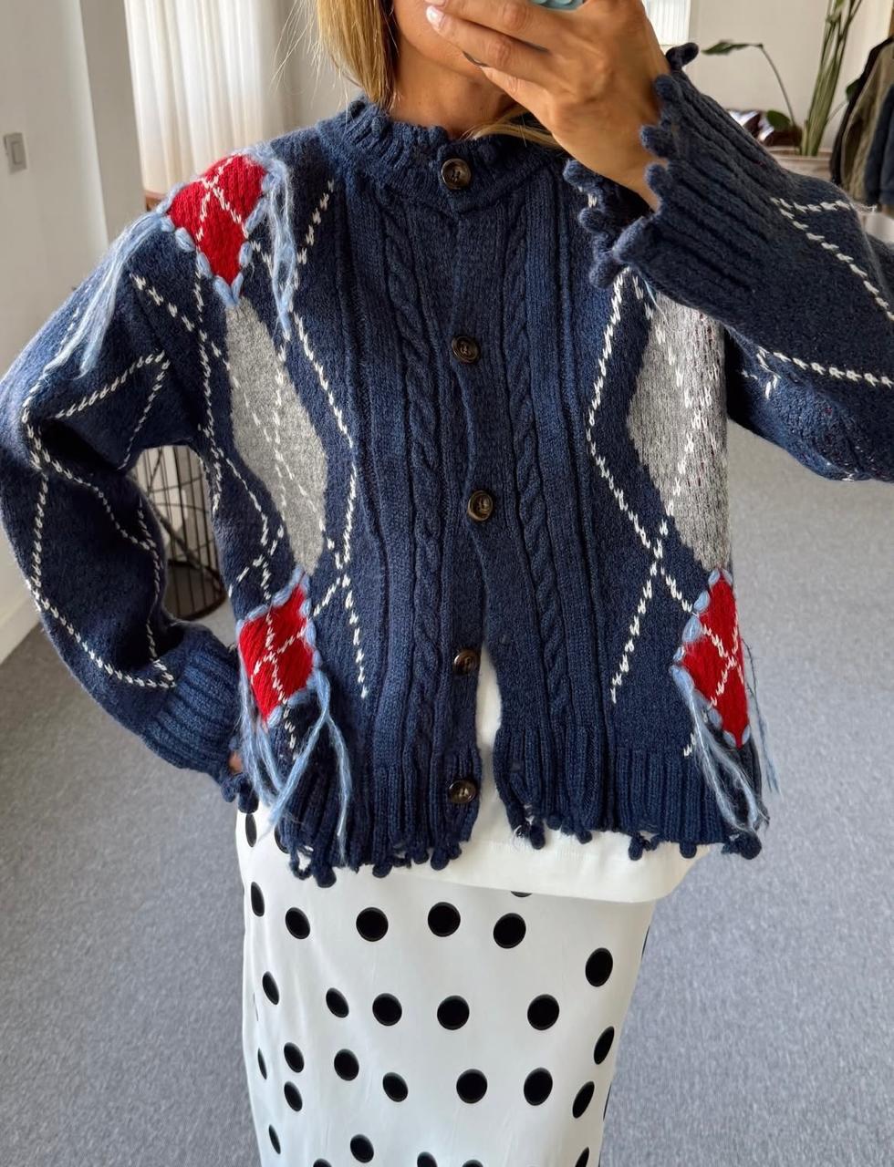 Cardigan navy argyle pattern