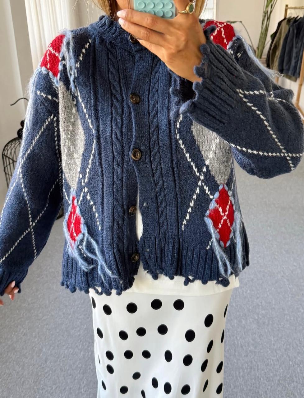 Cardigan navy argyle pattern