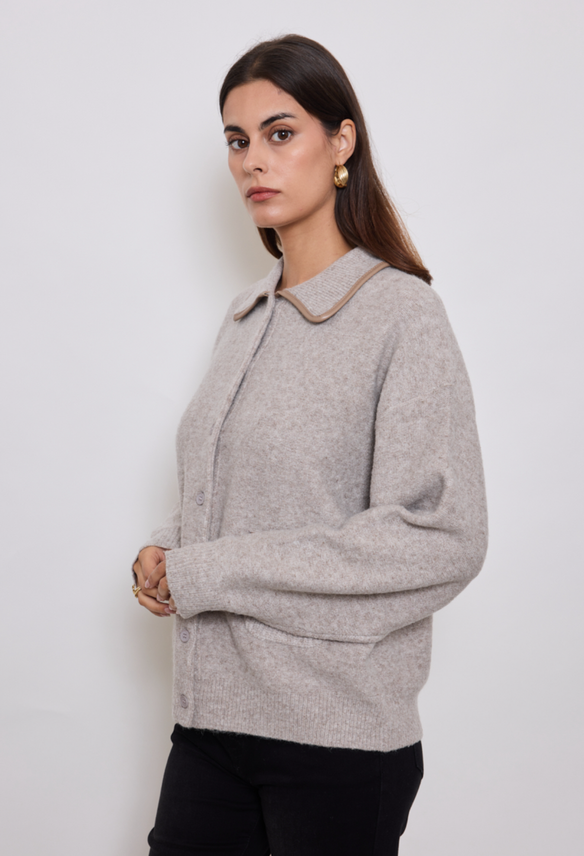 Cardigan wool cafe Lined leather