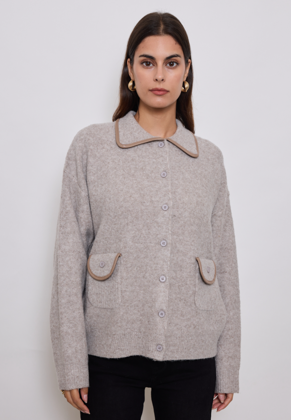 Cardigan wool cafe Lined leather