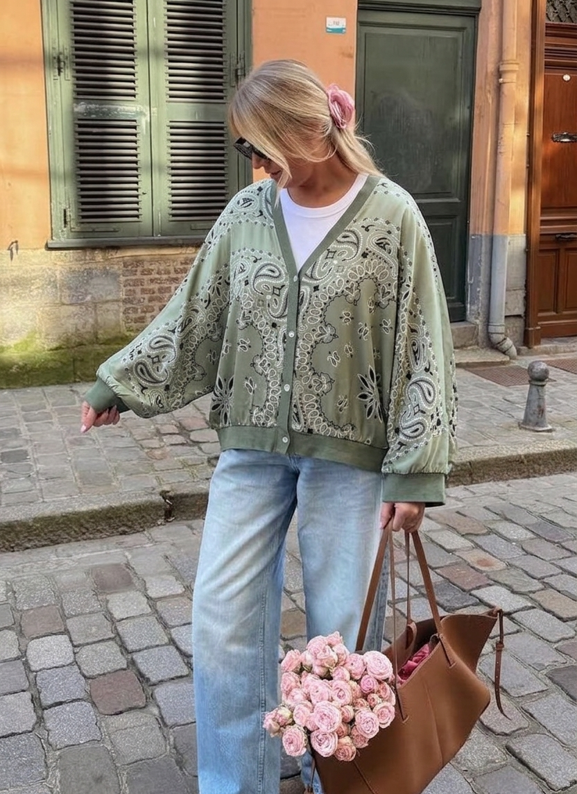 Bandana cardigan silk olive