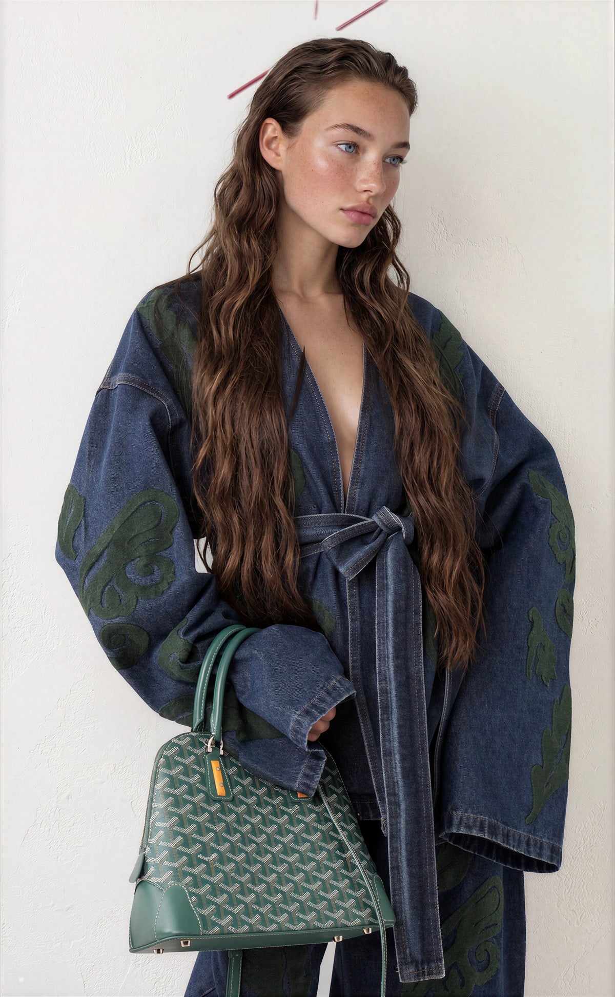 Set denim embroidery green