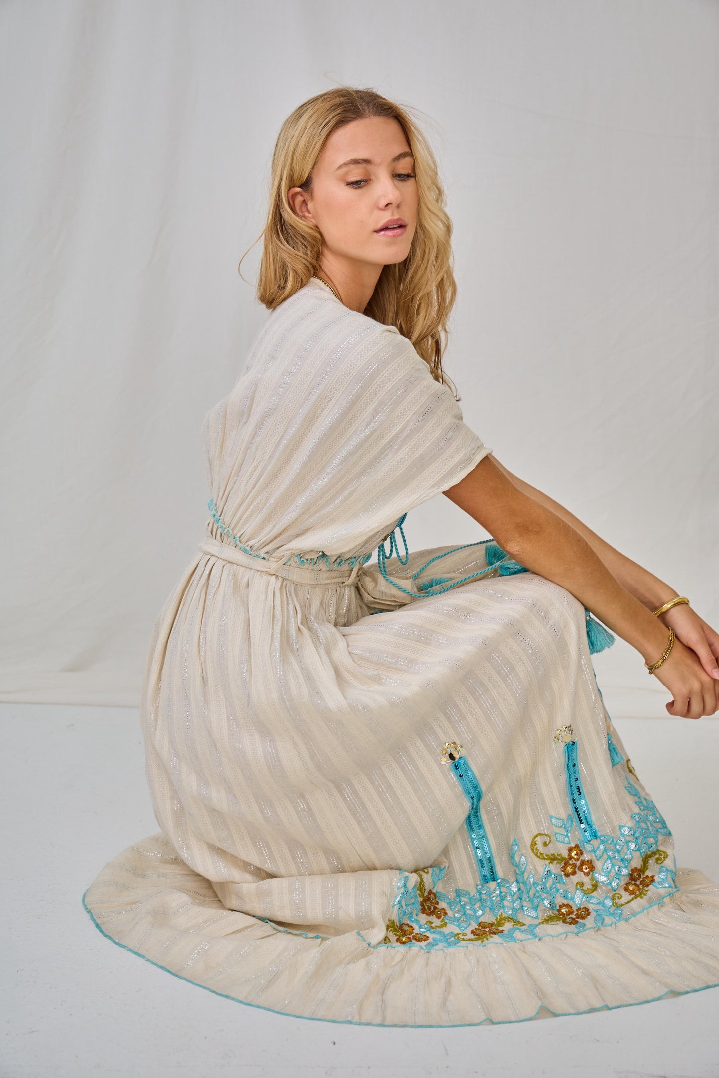 Dress Embroidery Boho Aqua