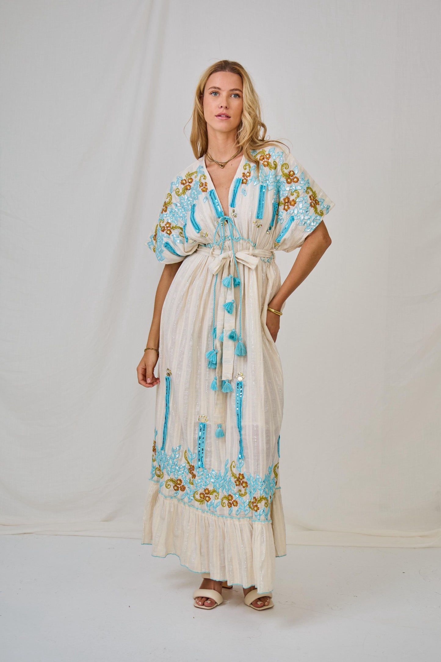 Dress Embroidery Boho Aqua
