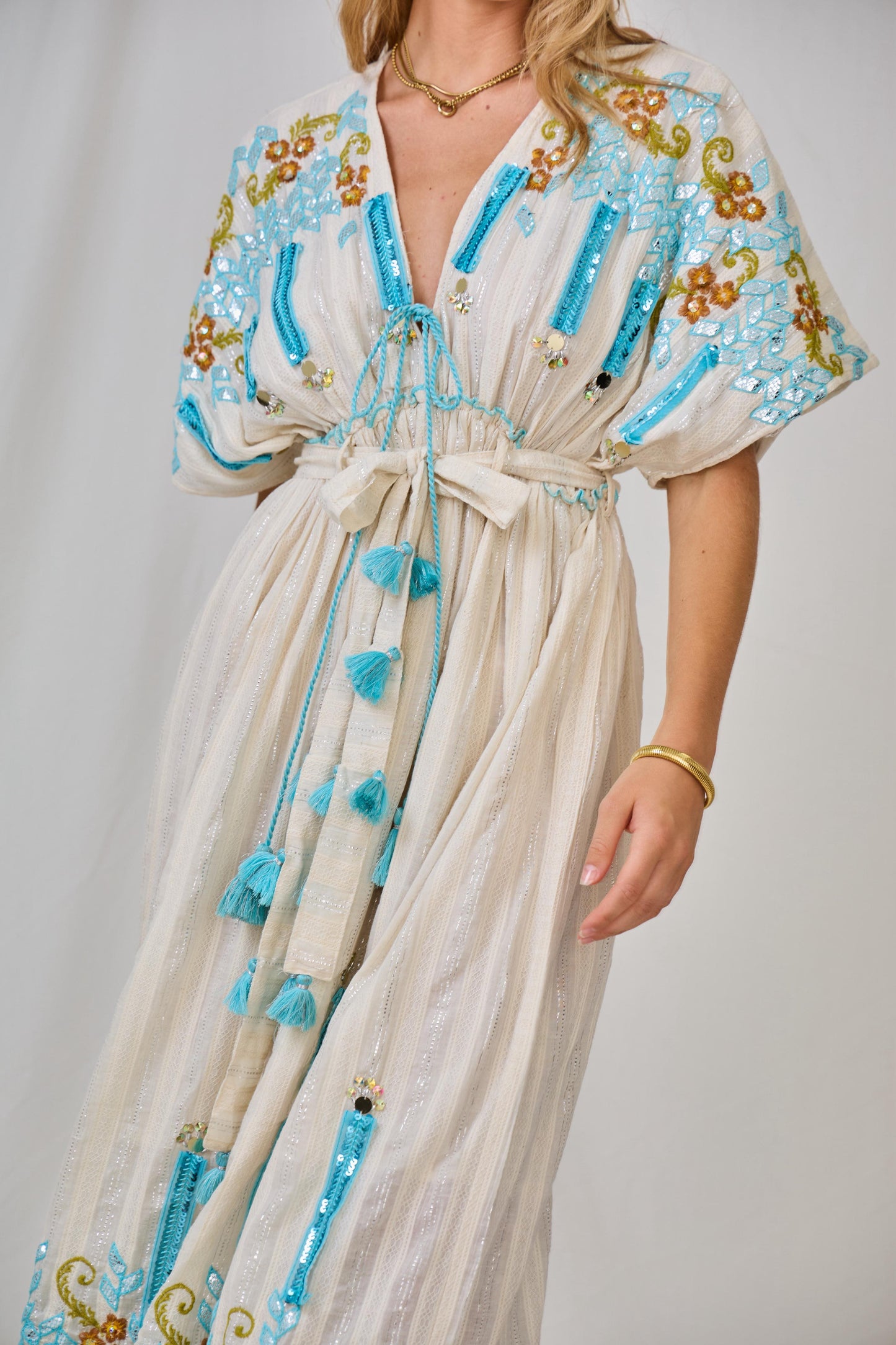 Dress Embroidery Boho Aqua