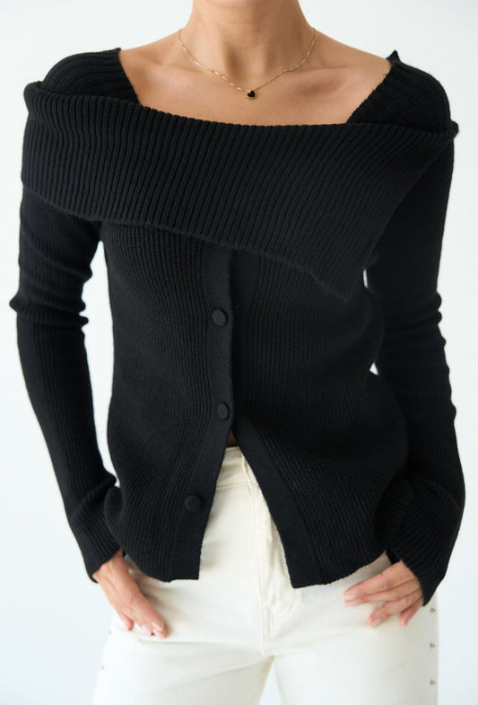 Black Knit Button Plain