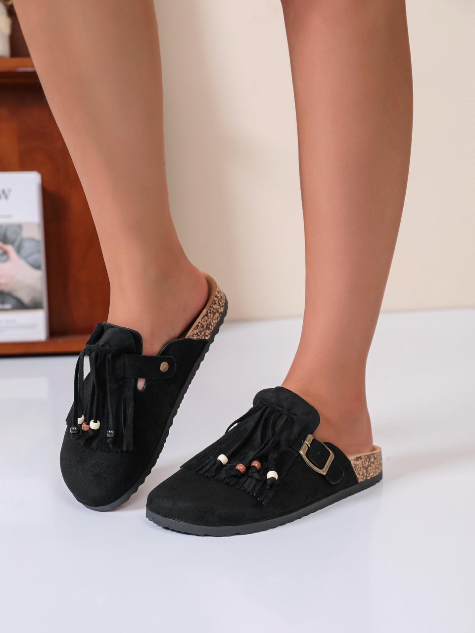 Flat Half Fringes Slippers Black