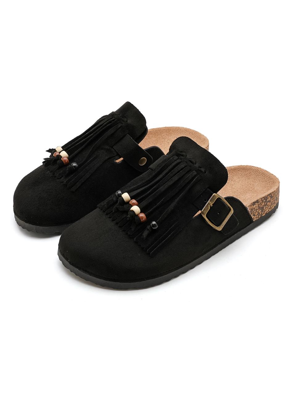 Flat Half Fringes Slippers Black