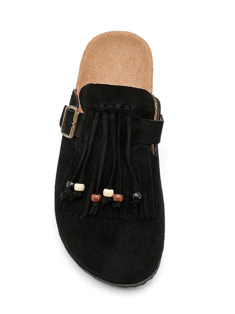 Flat Half Fringes Slippers Black