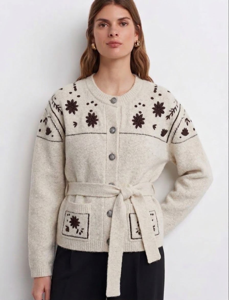 Cardigan Knit beige embroidery brown