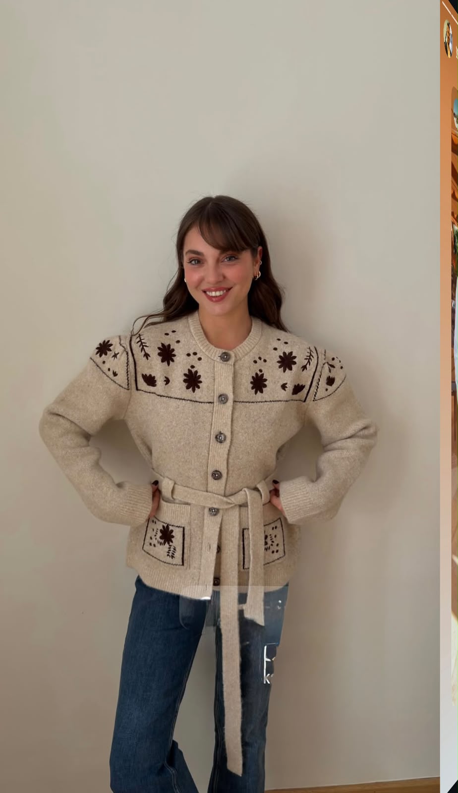 Cardigan Knit beige embroidery brown