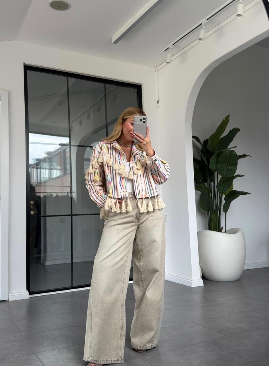 Jacket striped multicolor fringes