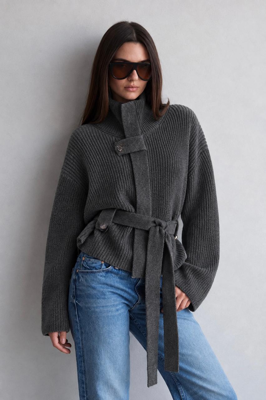 Cardigan jacket knit grey belt