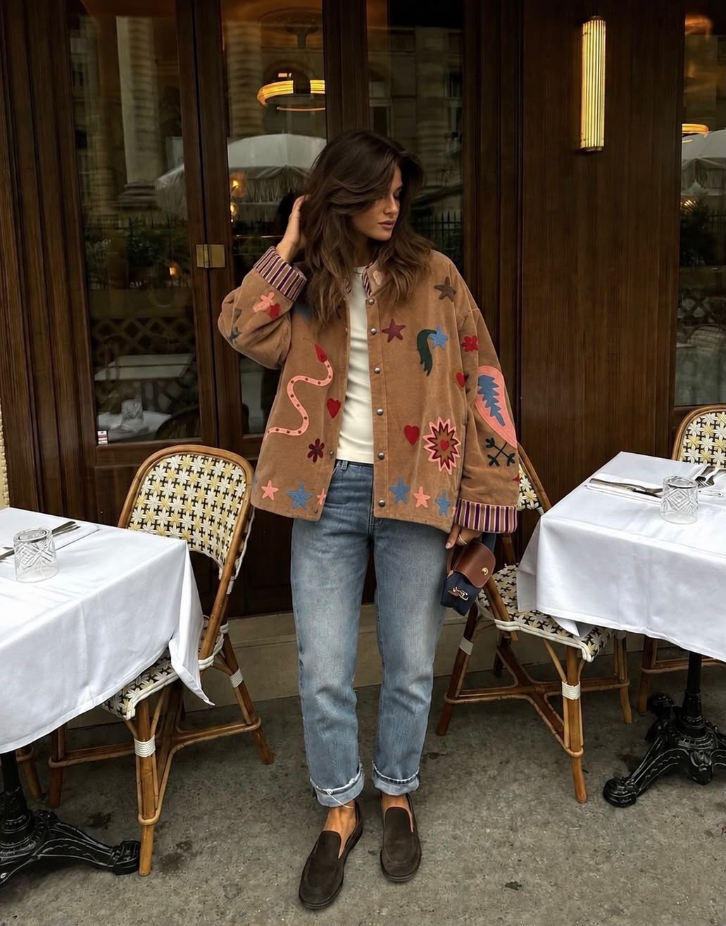 Jacket embroidered suede cafe