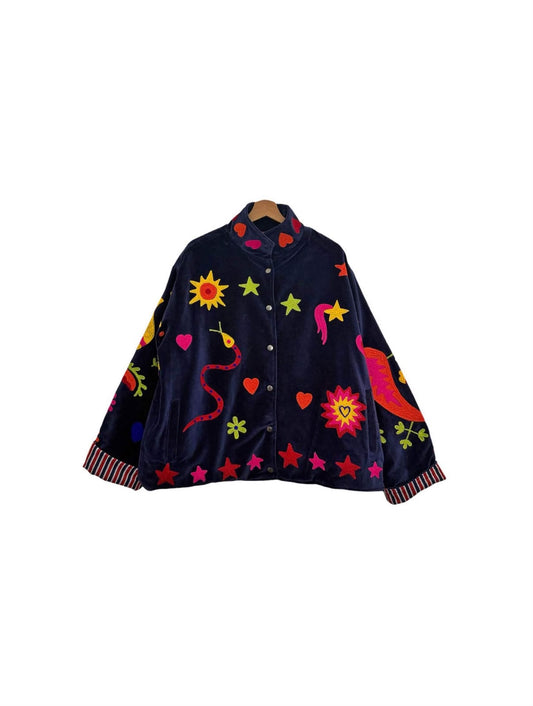Jacket embroidered suede navy